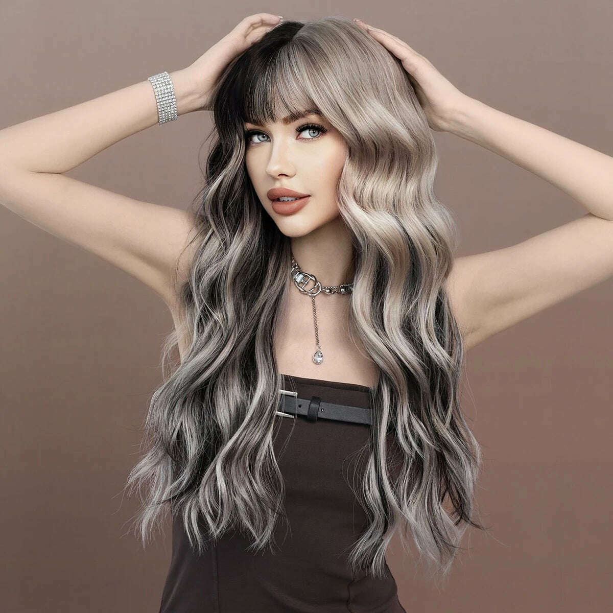 7JHH WIGS Long Body Wavy Silver Ash Hair Wig with Bangs for Women Daily Party High Density Hair Ombre Wigs Heat Resistant Fiber - KIMLUD