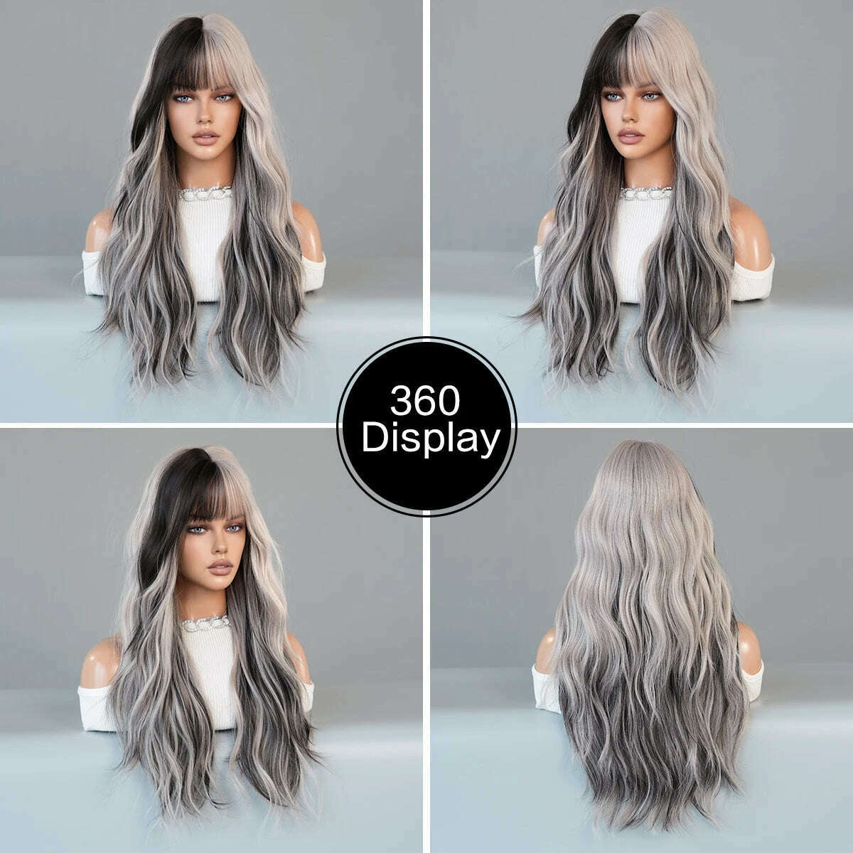 7JHH WIGS Long Body Wavy Silver Ash Hair Wig with Bangs for Women Daily Party High Density Hair Ombre Wigs Heat Resistant Fiber - KIMLUD