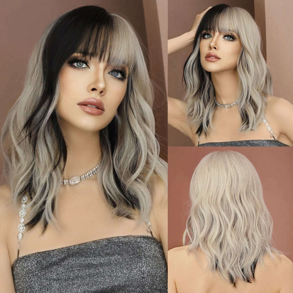 KIMLUD, 7JHH WIGS Long Body Wavy Silver Ash Hair Wig with Bangs for Women Daily Party High Density Hair Ombre Wigs Heat Resistant Fiber, KIMLUD Womens Clothes