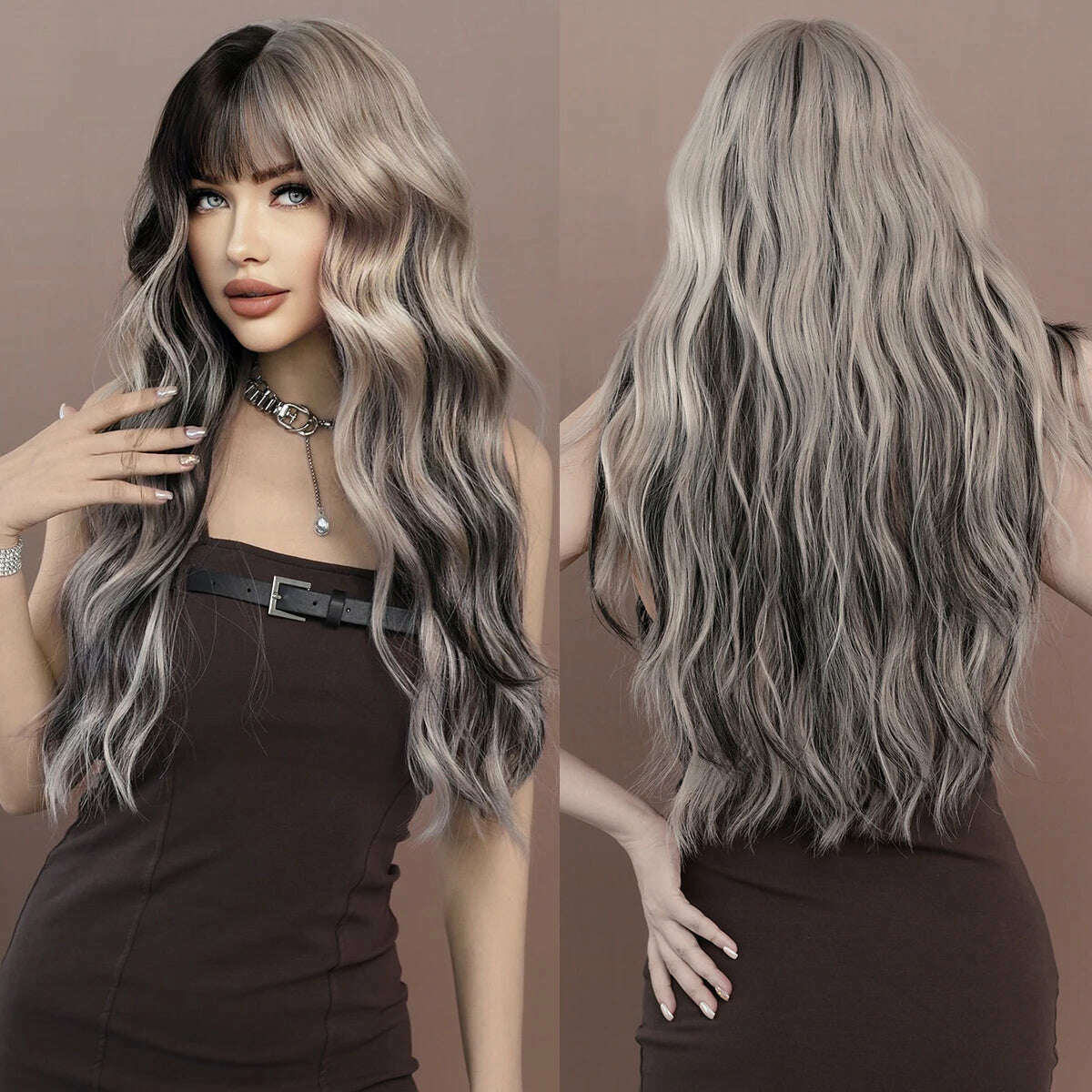 7JHH WIGS Long Body Wavy Silver Ash Hair Wig with Bangs for Women Daily Party High Density Hair Ombre Wigs Heat Resistant Fiber - KIMLUD