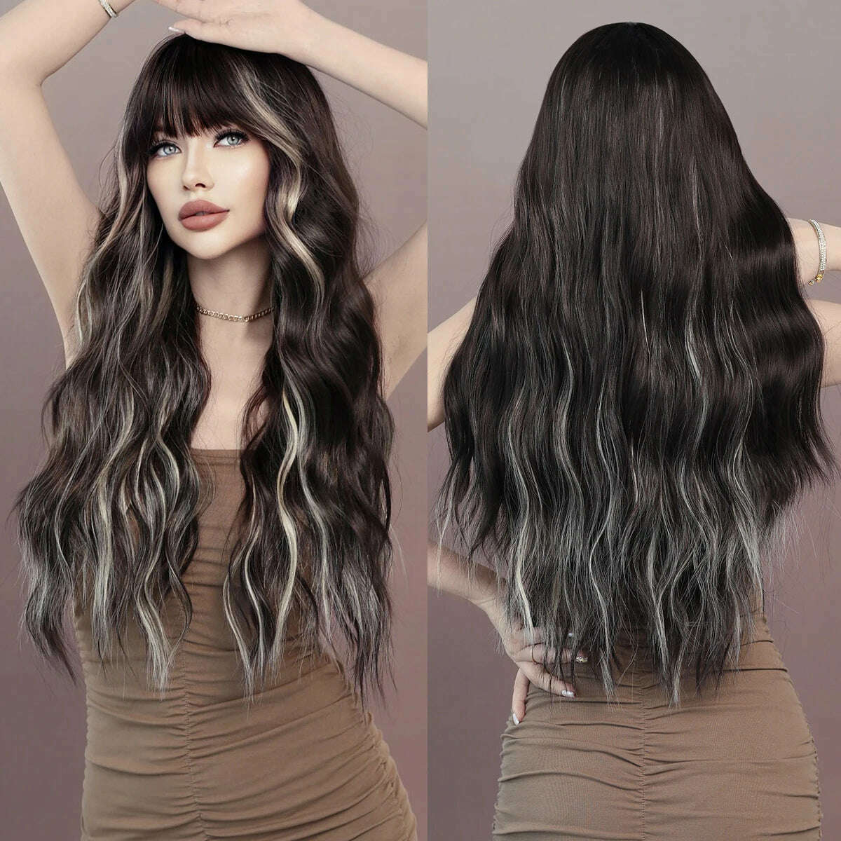 KIMLUD, 7JHH WIGS Long Body Wavy Silver Ash Hair Wig with Bangs for Women Daily Party High Density Hair Ombre Wigs Heat Resistant Fiber, KIMLUD Womens Clothes