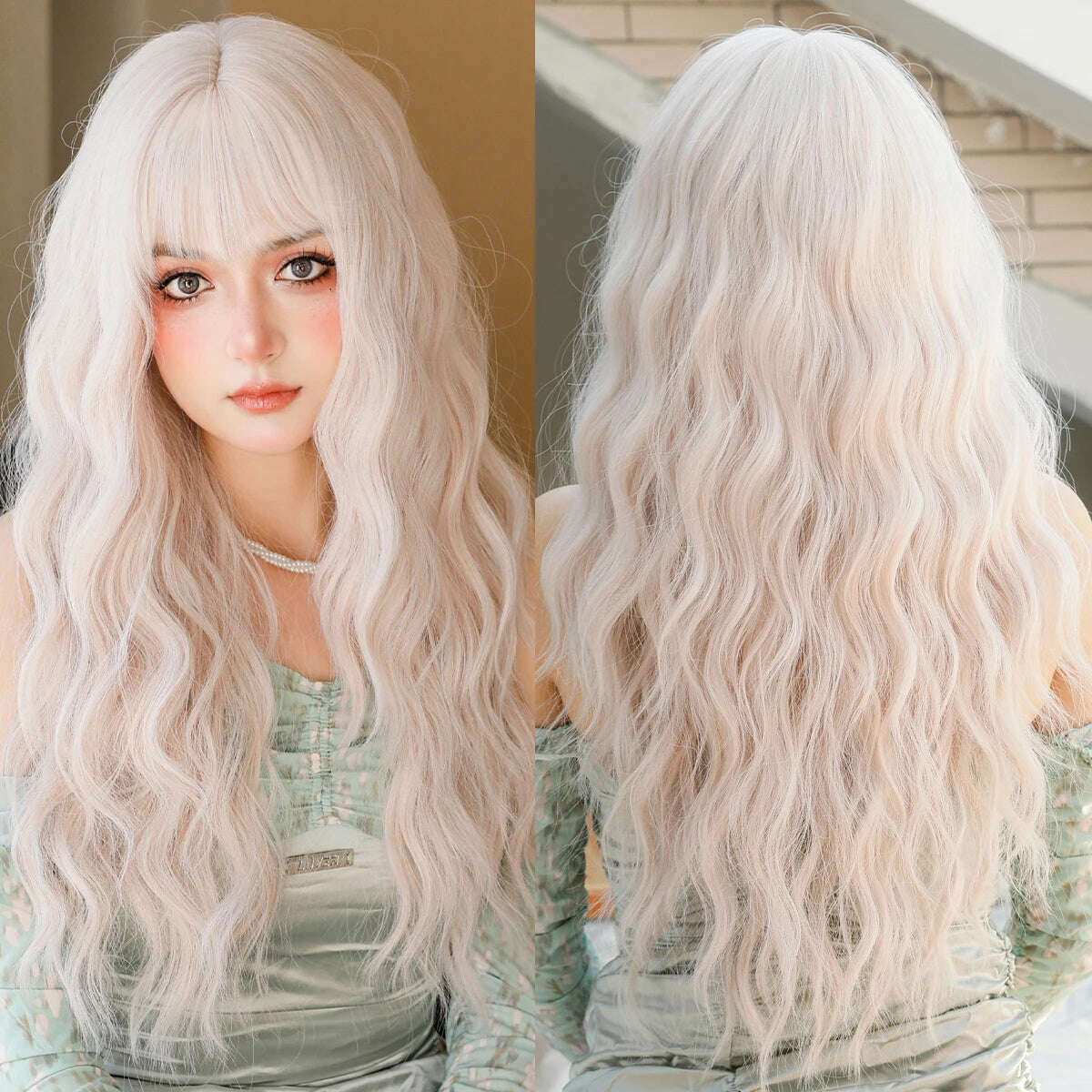 7JHH WIGS Long Body Wavy Silver Ash Hair Wig with Bangs for Women Daily Party High Density Hair Ombre Wigs Heat Resistant Fiber - KIMLUD