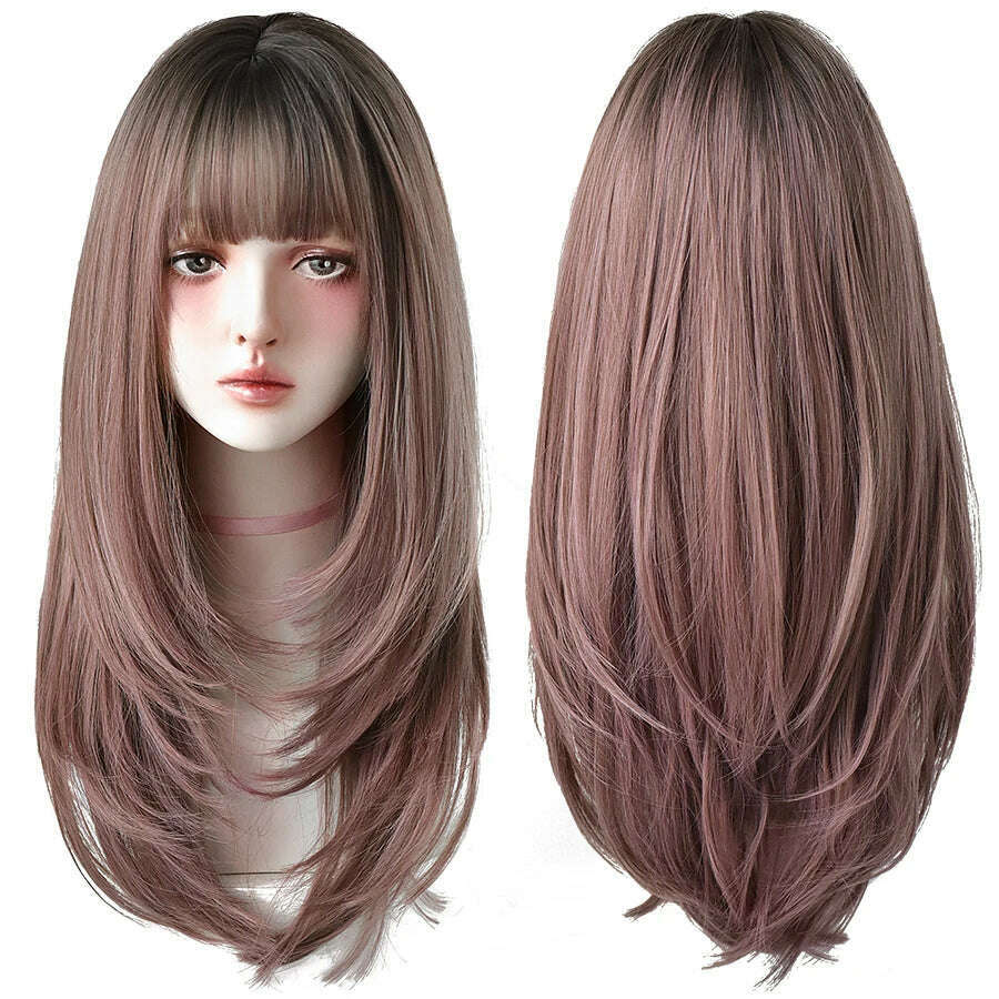 7JHHWIGS Long Straight Synthetic Light Brown Wigs With Bang For Women Heat-Resistant Daily Use Hair Hot Sell Wholesale Wigs - KIMLUD