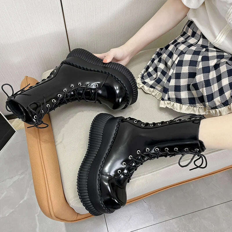 KIMLUD, 8cm Black Glossy Straps Punk Style Boots for Women Autumn and Winter New Thick-soled Heightening Platform Mid-calf Knight Boots, KIMLUD Womens Clothes