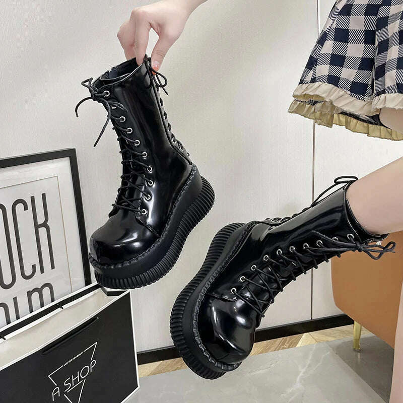 KIMLUD, 8cm Black Glossy Straps Punk Style Boots for Women Autumn and Winter New Thick-soled Heightening Platform Mid-calf Knight Boots, KIMLUD Womens Clothes