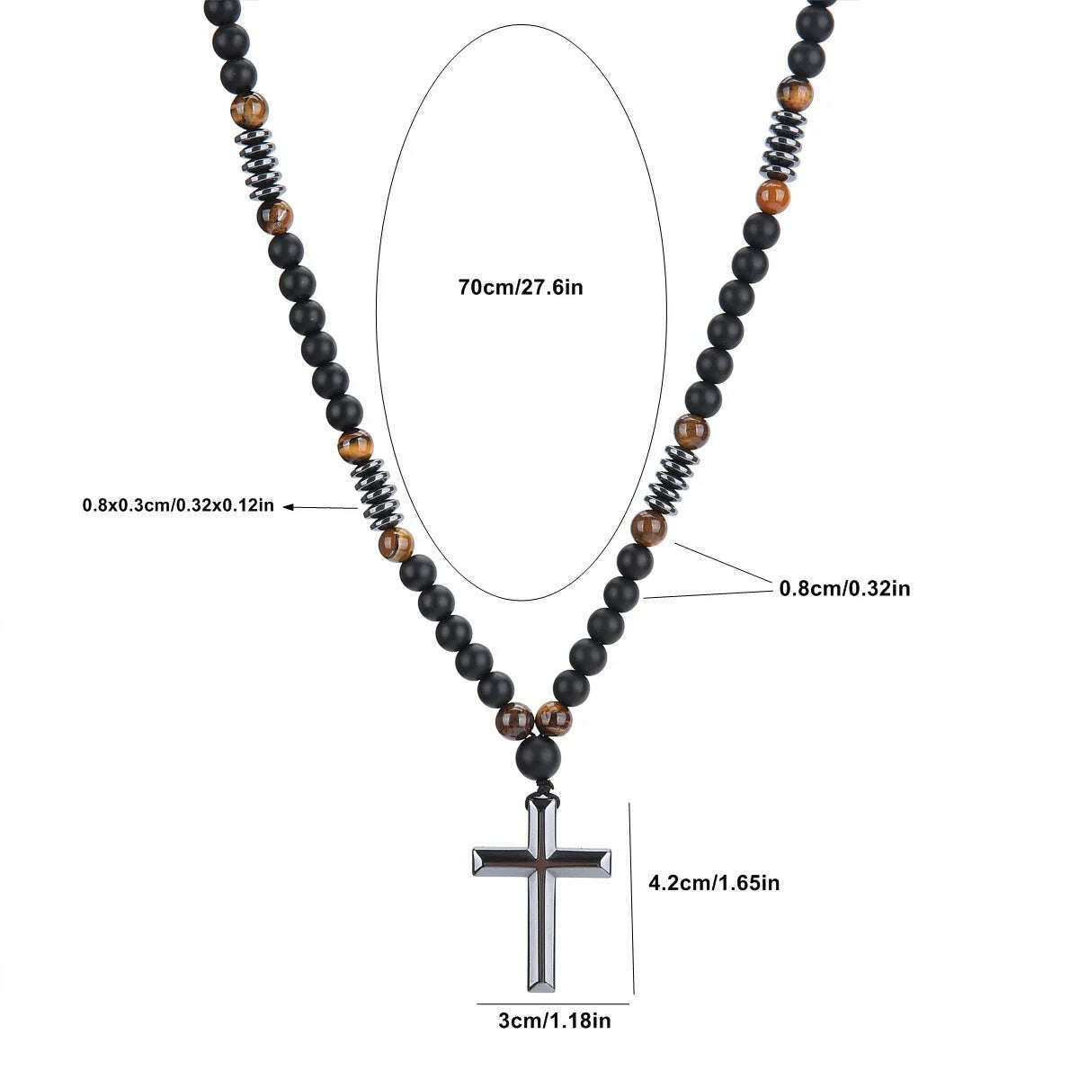 KIMLUD, 8mm Black Obsidian Tiger-eye Beaded Necklace with Hematite Cross Pendant for Men, KIMLUD Womens Clothes