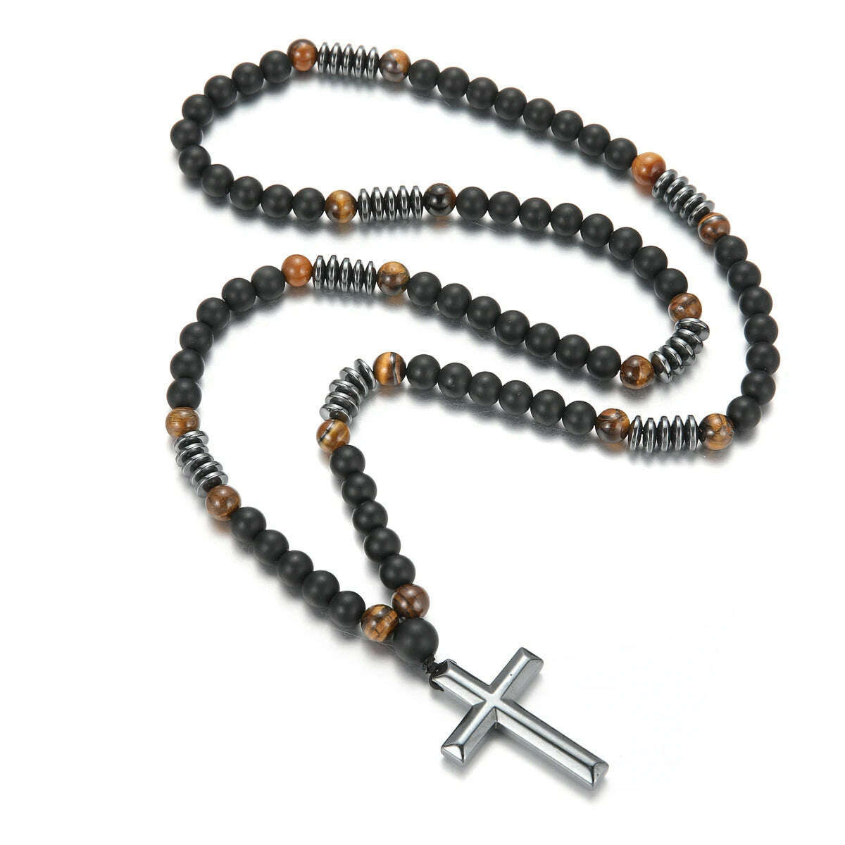 KIMLUD, 8mm Black Obsidian Tiger-eye Beaded Necklace with Hematite Cross Pendant for Men, KIMLUD Womens Clothes