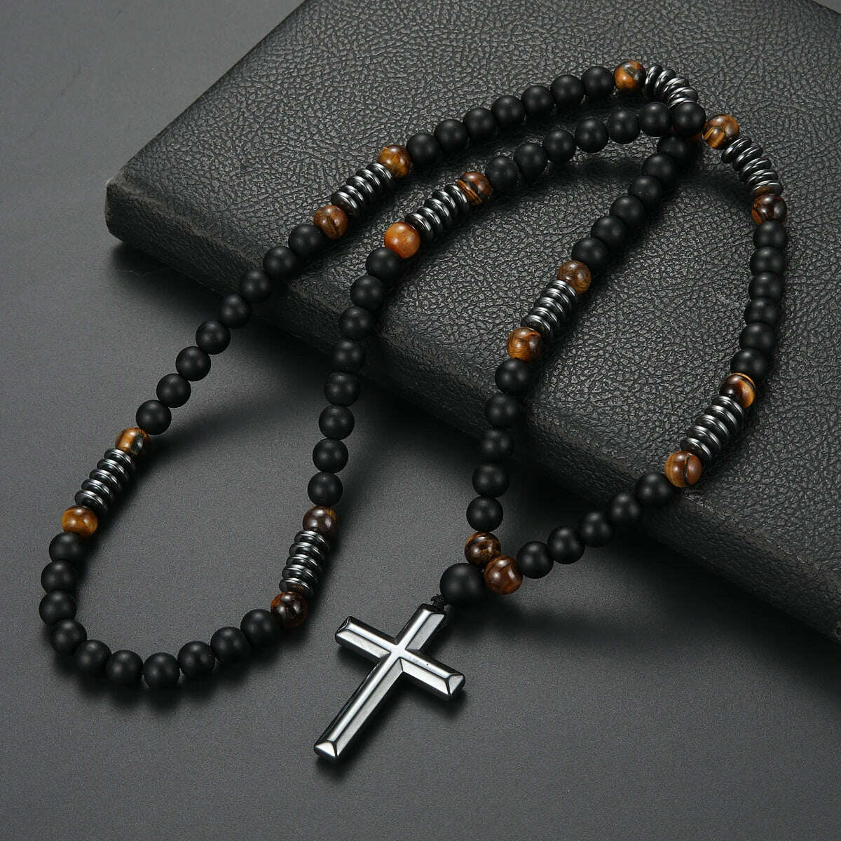 KIMLUD, 8mm Black Obsidian Tiger-eye Beaded Necklace with Hematite Cross Pendant for Men, KIMLUD Womens Clothes