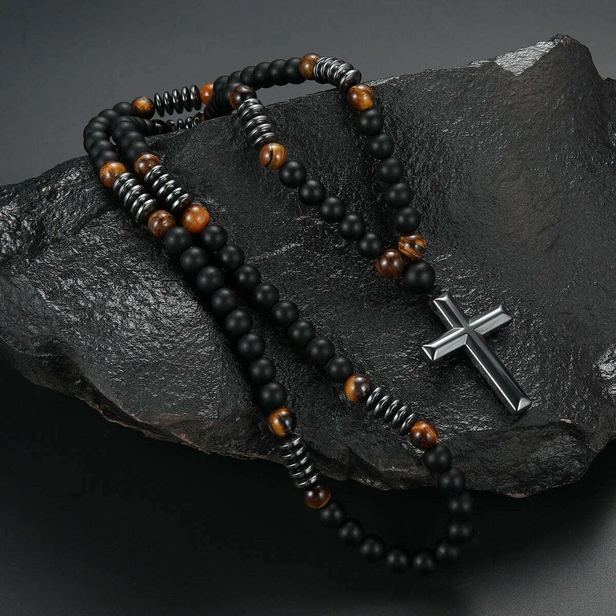 KIMLUD, 8mm Black Obsidian Tiger-eye Beaded Necklace with Hematite Cross Pendant for Men, KIMLUD Womens Clothes