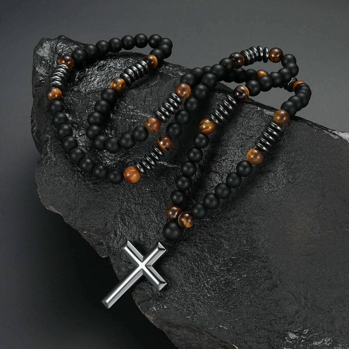 8mm Black Obsidian Tiger-eye Beaded Necklace with Hematite Cross Pendant for Men - KIMLUD