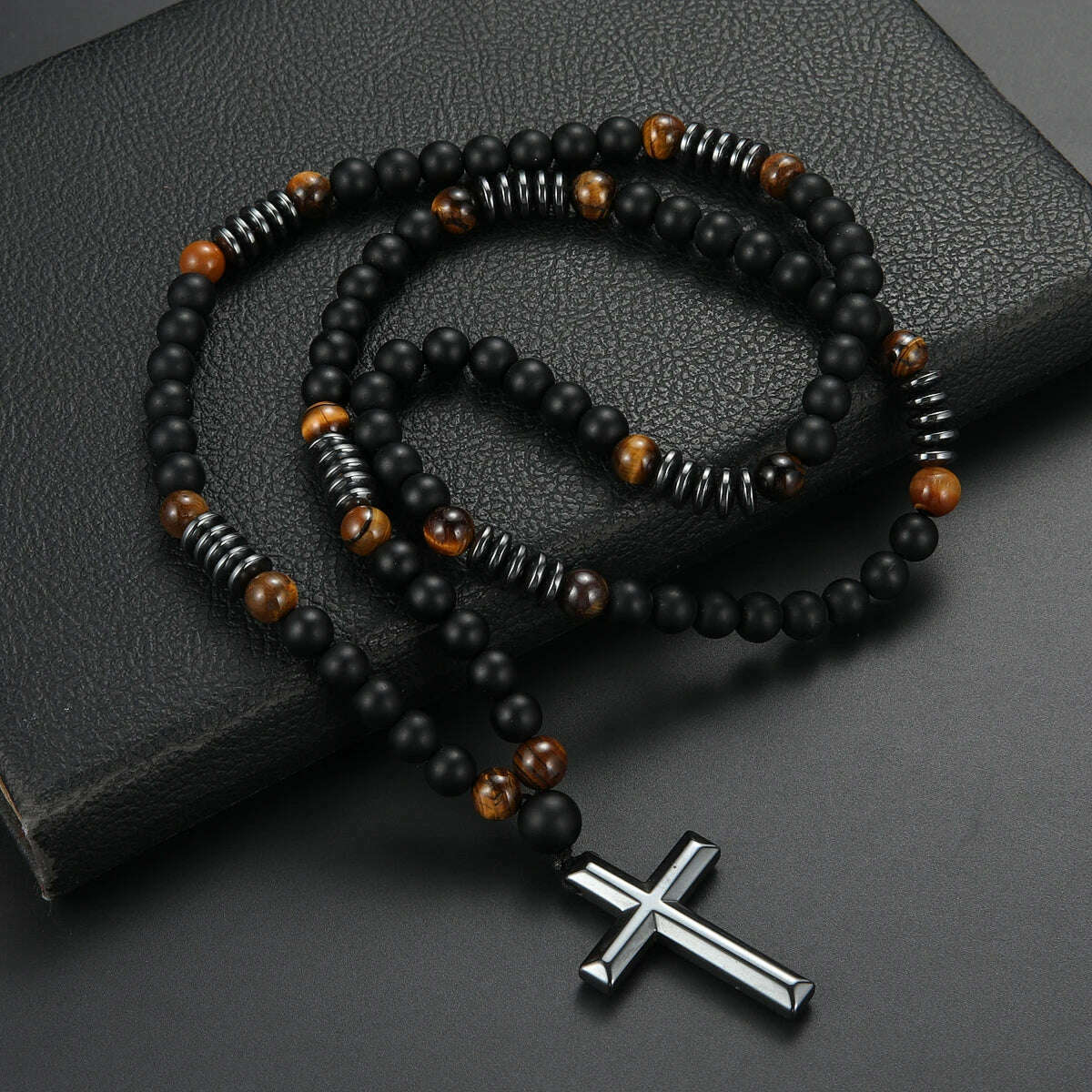 KIMLUD, 8mm Black Obsidian Tiger-eye Beaded Necklace with Hematite Cross Pendant for Men, 70cm, KIMLUD APPAREL - Womens Clothes