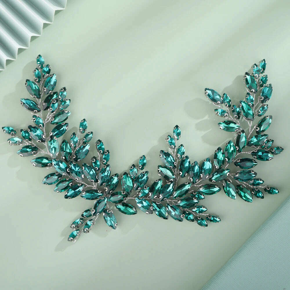 KIMLUD, 9 Colors Handmade Wedding Bridal Rhinestones Headband Headpieces Prom Hair Jewelry Wedding Hair Accessories for Women, Silver Green, KIMLUD Womens Clothes