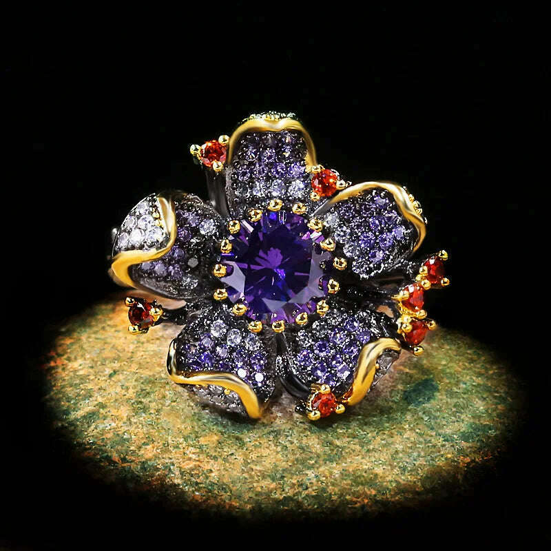 925 Stamp New Unique Purple Diamond Flower-Shaped Black Gold Ring Zircon Shiny Jewelry Elegant Party Women's - KIMLUD