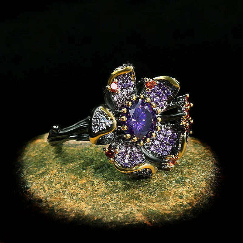 KIMLUD, 925 Stamp New Unique Purple Diamond Flower-Shaped Black Gold Ring Zircon Shiny Jewelry Elegant Party Women's, KIMLUD Womens Clothes