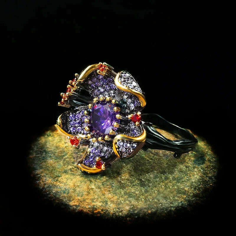 925 Stamp New Unique Purple Diamond Flower-Shaped Black Gold Ring Zircon Shiny Jewelry Elegant Party Women's - KIMLUD