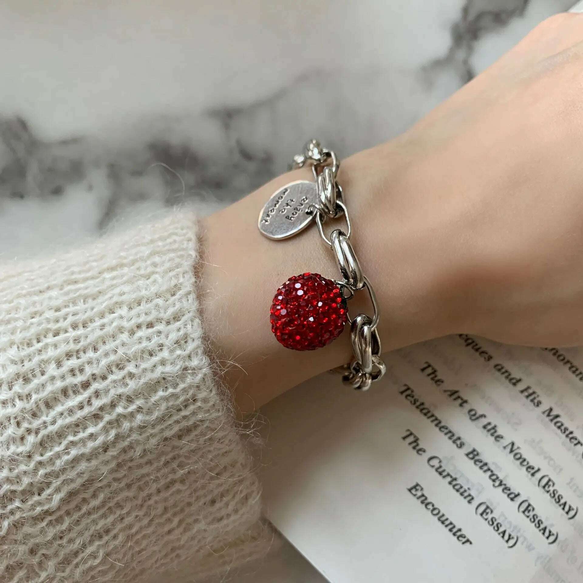 KIMLUD, 925 Sterling Silver Bracelet Good Luck Ball Words Punk Heart Strawberry For Woman Girl Fashion Jewelry Gift Dropship Wholesale, 16, KIMLUD APPAREL - Womens Clothes