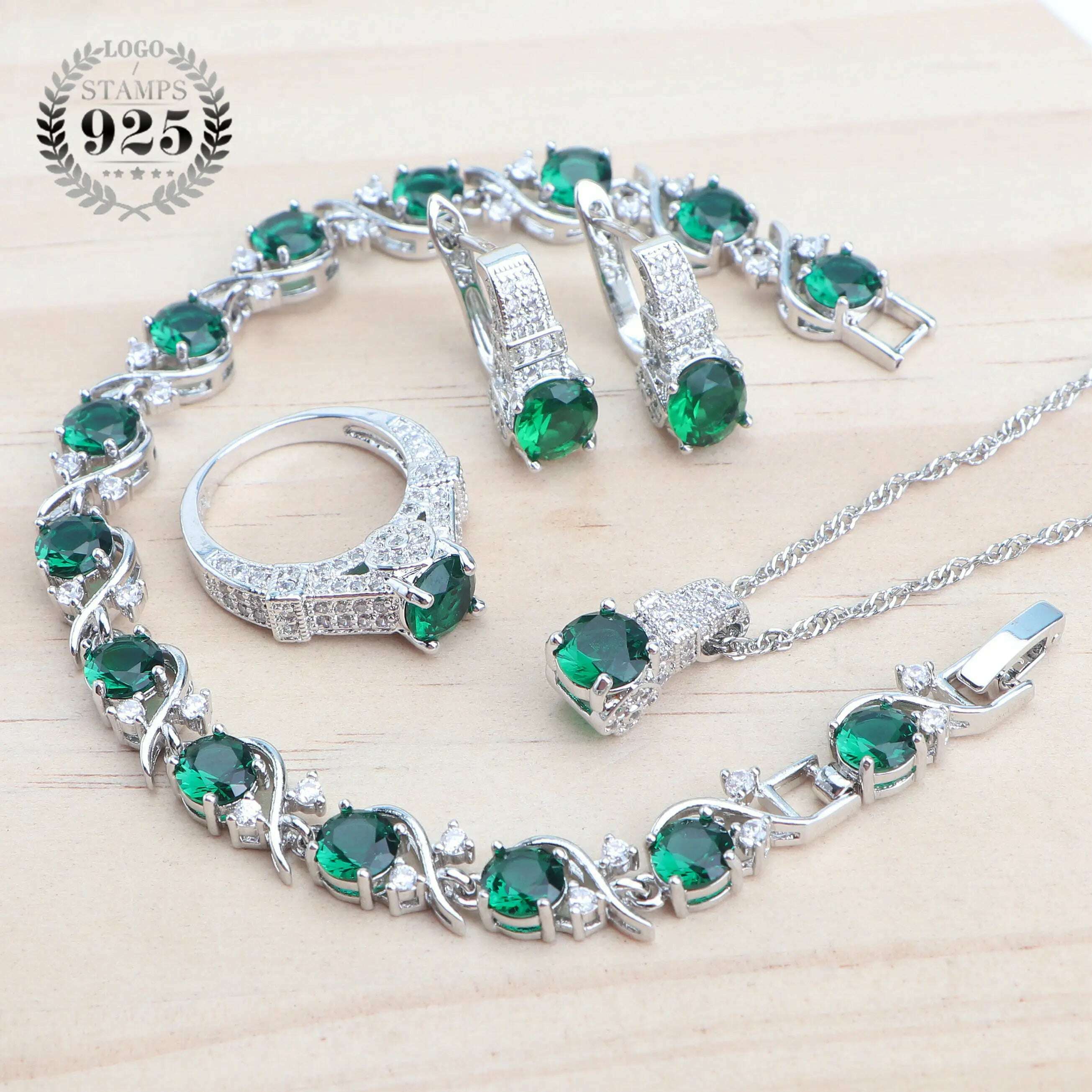 KIMLUD, 925 Sterling Silver Jewelry Sets For Women Wedding Jewelry Ladies Purple Zircon Earrings Bracelets Set Rings Pendant Necklace, 4PCS-Green / 6, KIMLUD APPAREL - Womens Clothes