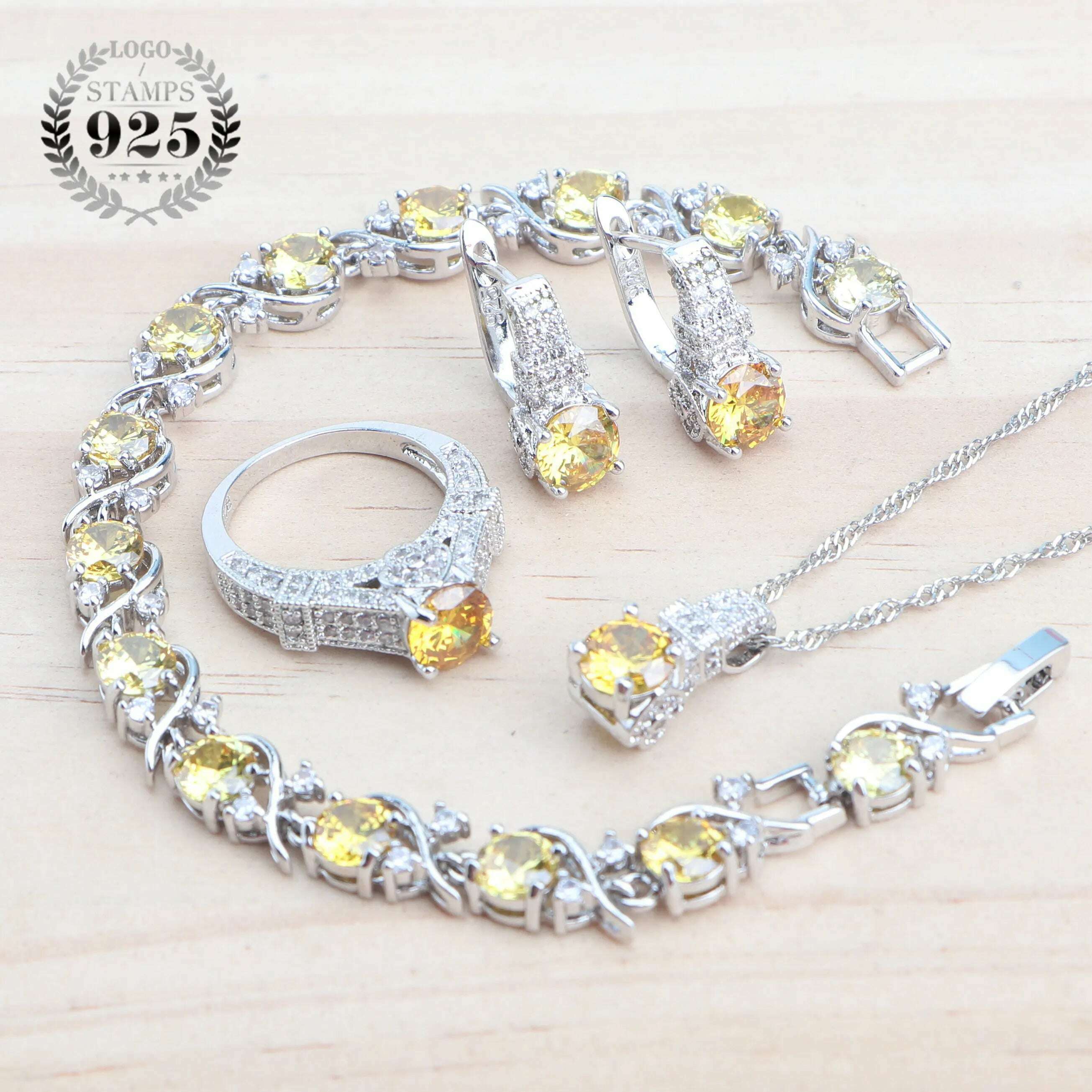 KIMLUD, 925 Sterling Silver Jewelry Sets For Women Wedding Jewelry Ladies Purple Zircon Earrings Bracelets Set Rings Pendant Necklace, 4PCS-Yellow / 6, KIMLUD APPAREL - Womens Clothes