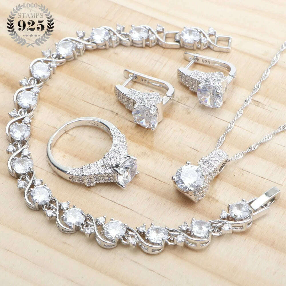 925 Sterling Silver Jewelry Sets For Women Wedding Jewelry Ladies Purple Zircon Earrings Bracelets Set Rings Pendant Necklace - KIMLUD