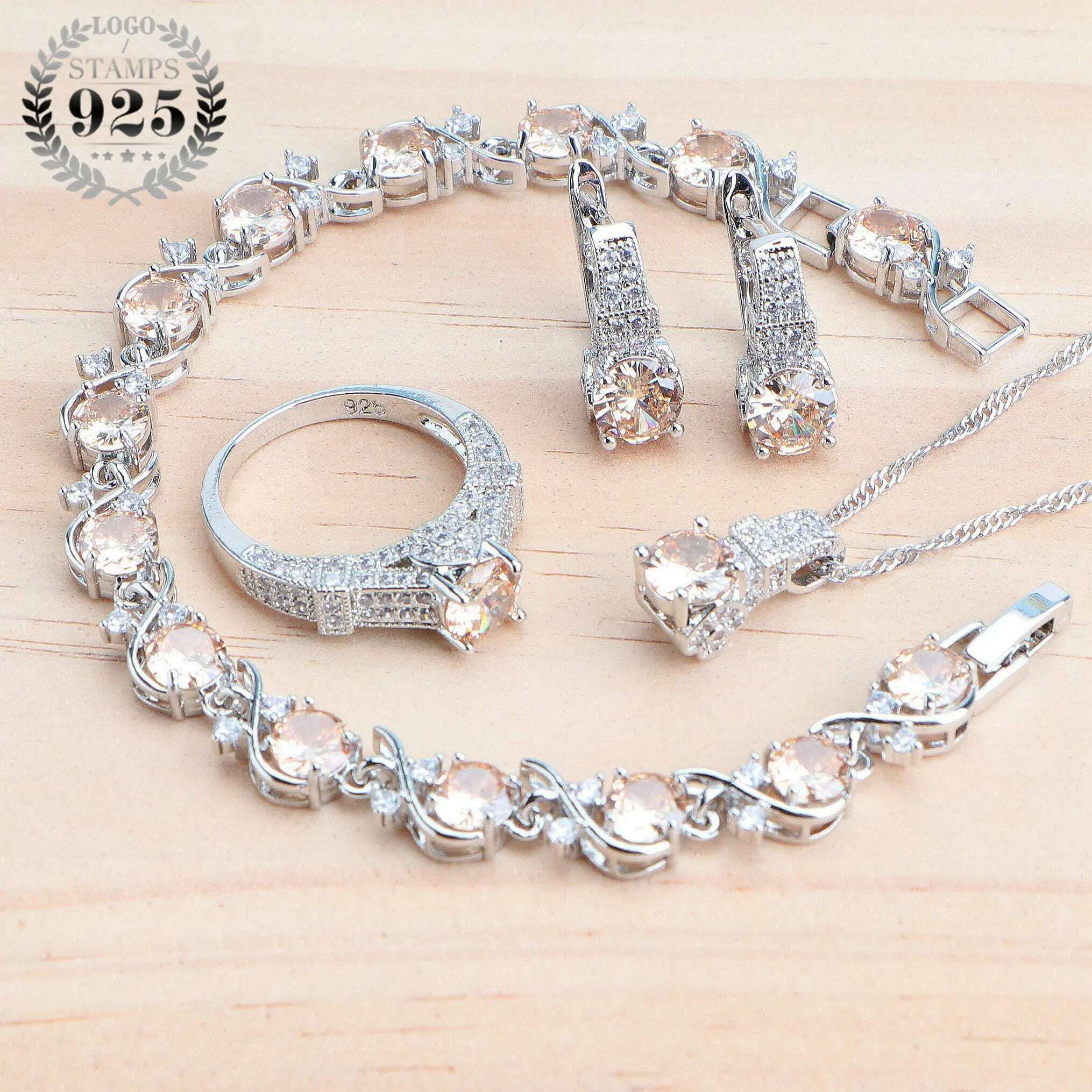 925 Sterling Silver Jewelry Sets For Women Wedding Jewelry Ladies Purple Zircon Earrings Bracelets Set Rings Pendant Necklace - KIMLUD