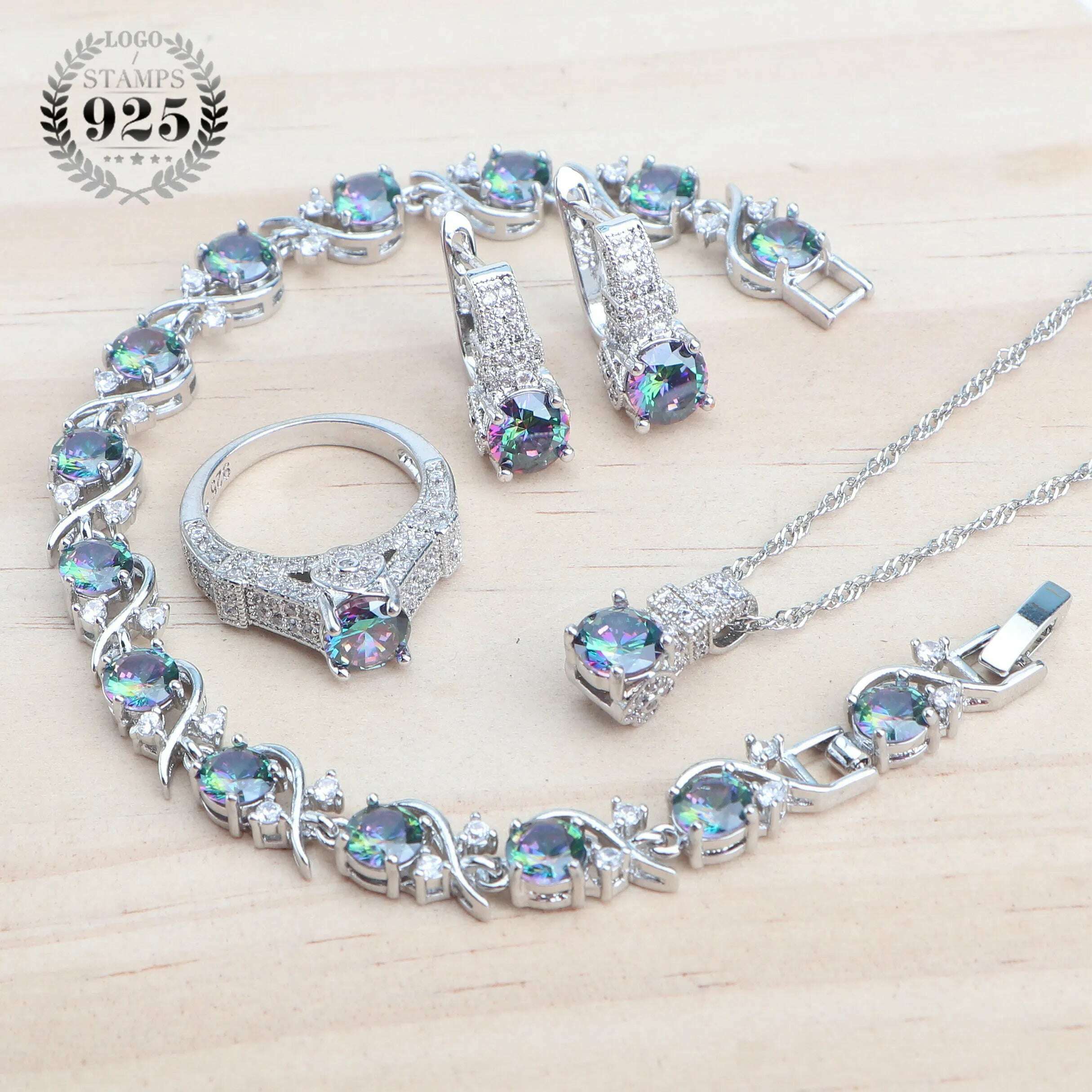 KIMLUD, 925 Sterling Silver Jewelry Sets For Women Wedding Jewelry Ladies Purple Zircon Earrings Bracelets Set Rings Pendant Necklace, 4PCS-Rainbow / 8, KIMLUD APPAREL - Womens Clothes