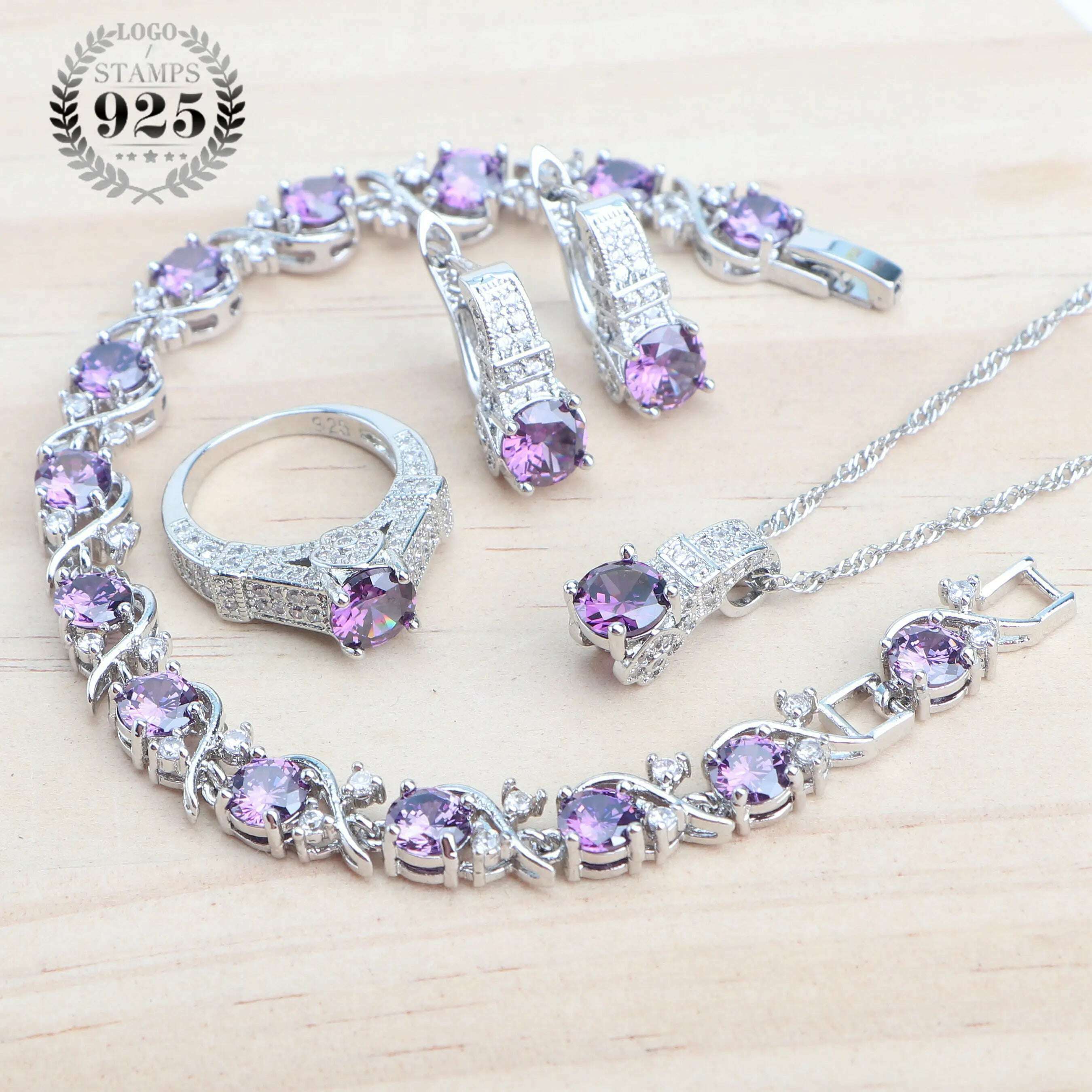 KIMLUD, 925 Sterling Silver Jewelry Sets For Women Wedding Jewelry Ladies Purple Zircon Earrings Bracelets Set Rings Pendant Necklace, 4PCS-Purple / 7, KIMLUD APPAREL - Womens Clothes