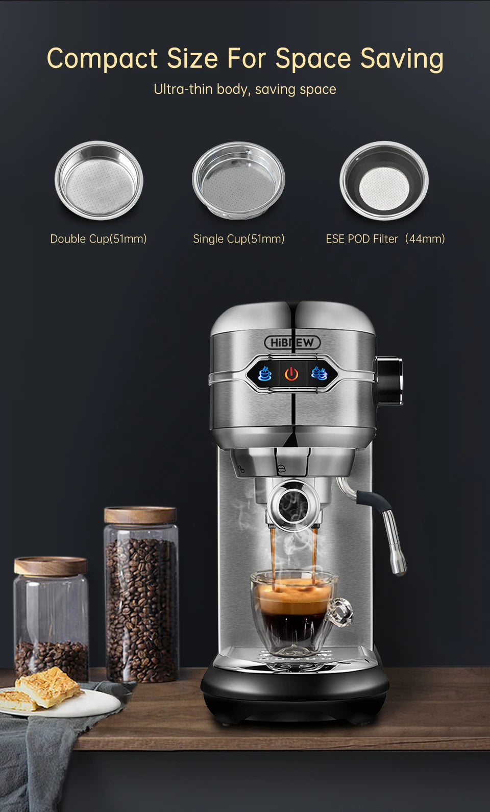 HiBREW Coffee Maker Cafetera 20 Bar Inox Semi Automatic Super Slim ESE POD & Powder Espresso Machine Hot Water H11