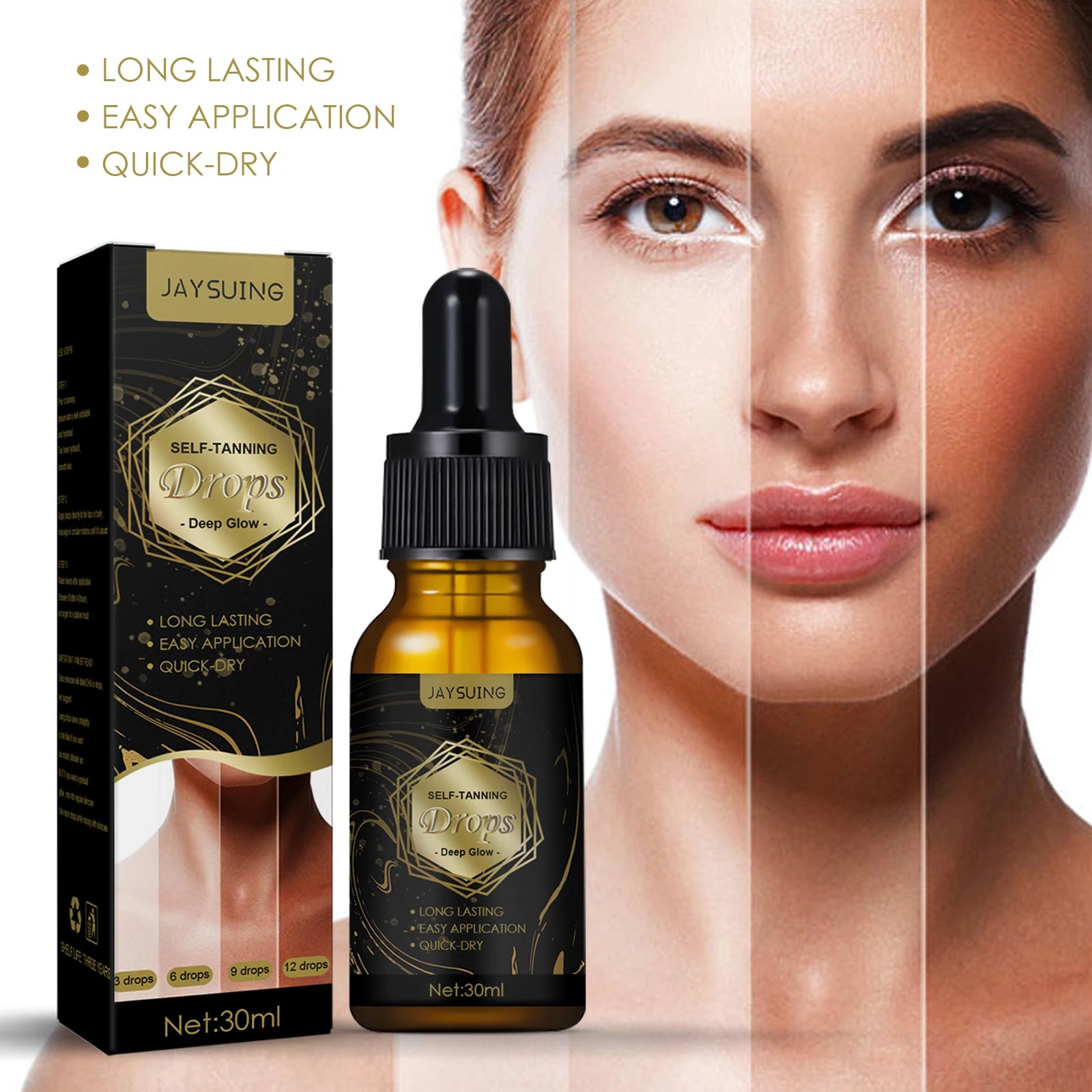 Jaysuing Sunless Natural Emollient Healthy Skin Self Tanner Water Serum for Face Body Skin Care Tanning Serum Self Tanning Drops