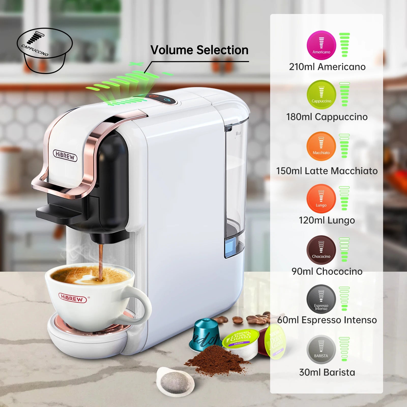 HiBREW Multiple Capsule Coffee Machine, Hot/Cold Dolce Gusto Milk Nespresso Capsule ESE Pod Ground Coffee Cafeteria 19Bar 5 in 1