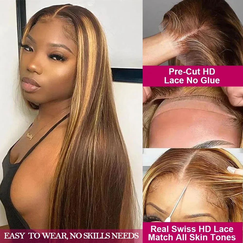 Wear Go Glueless 4/27 Highlight Straight Pre Cut 4x6 Glueless Wig Human Hair Pre plucked Brazilian Remy Hair Wigs Ready To Wear