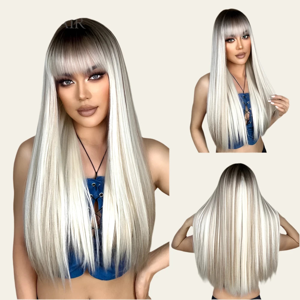 KIMLUD, EASIHAIR Long Silver with Blonde Highlight Synthetic Wigs for Women Straight with Bangs Natural Wigs Cosplay Hair Heat Resistant, KIMLUD Womens Clothes