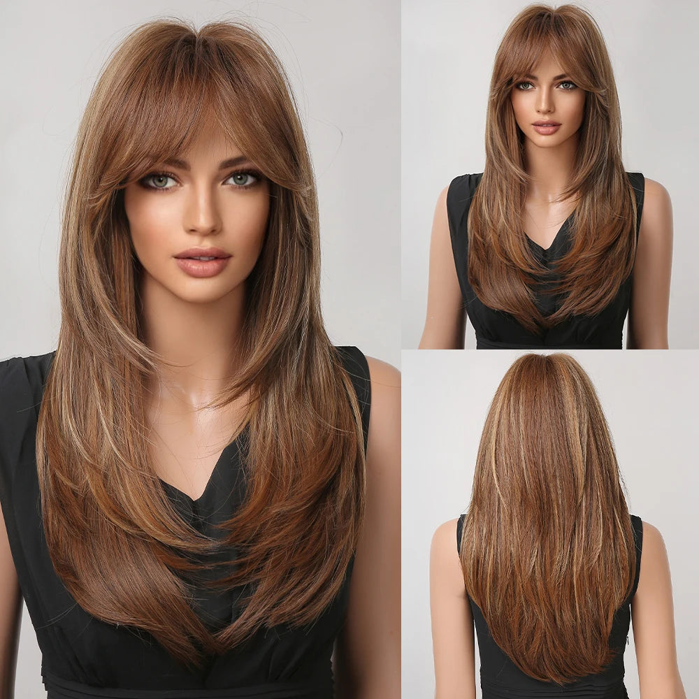 KIMLUD, ALAN EATON Blonde Layered Synthetic Wigs for Women Long Straight Brown Highlights Wigs with Bangs Balayage Hair Heat Resistant, LC259-24 / CHINA, KIMLUD APPAREL - Womens Clothes