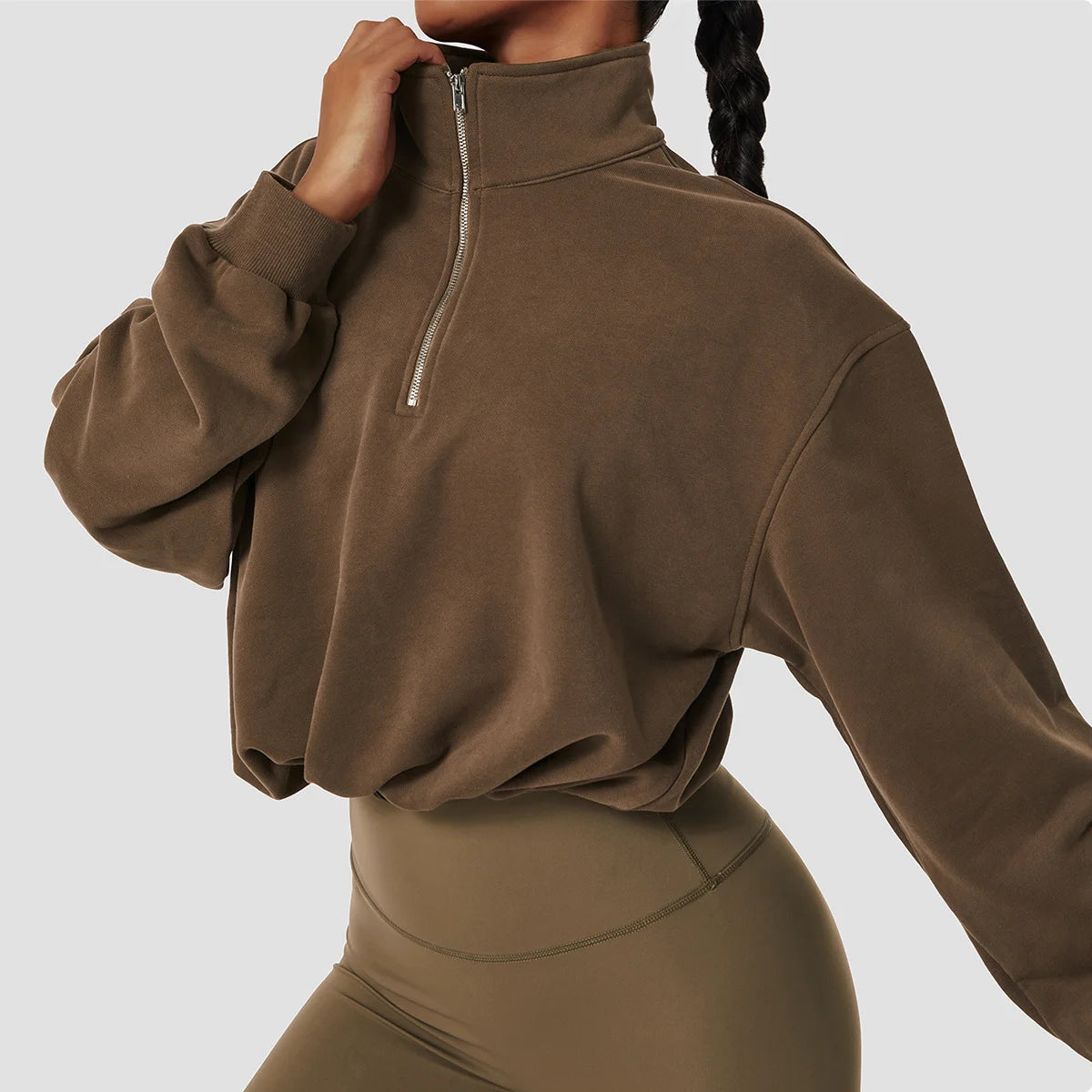 KIMLUD, High Neck Fitness Outdoor Drawstring Half Zipper Loose Long Sleeve Women's Sweatshirt, Chocolate / XL, KIMLUD APPAREL - Womens Clothes