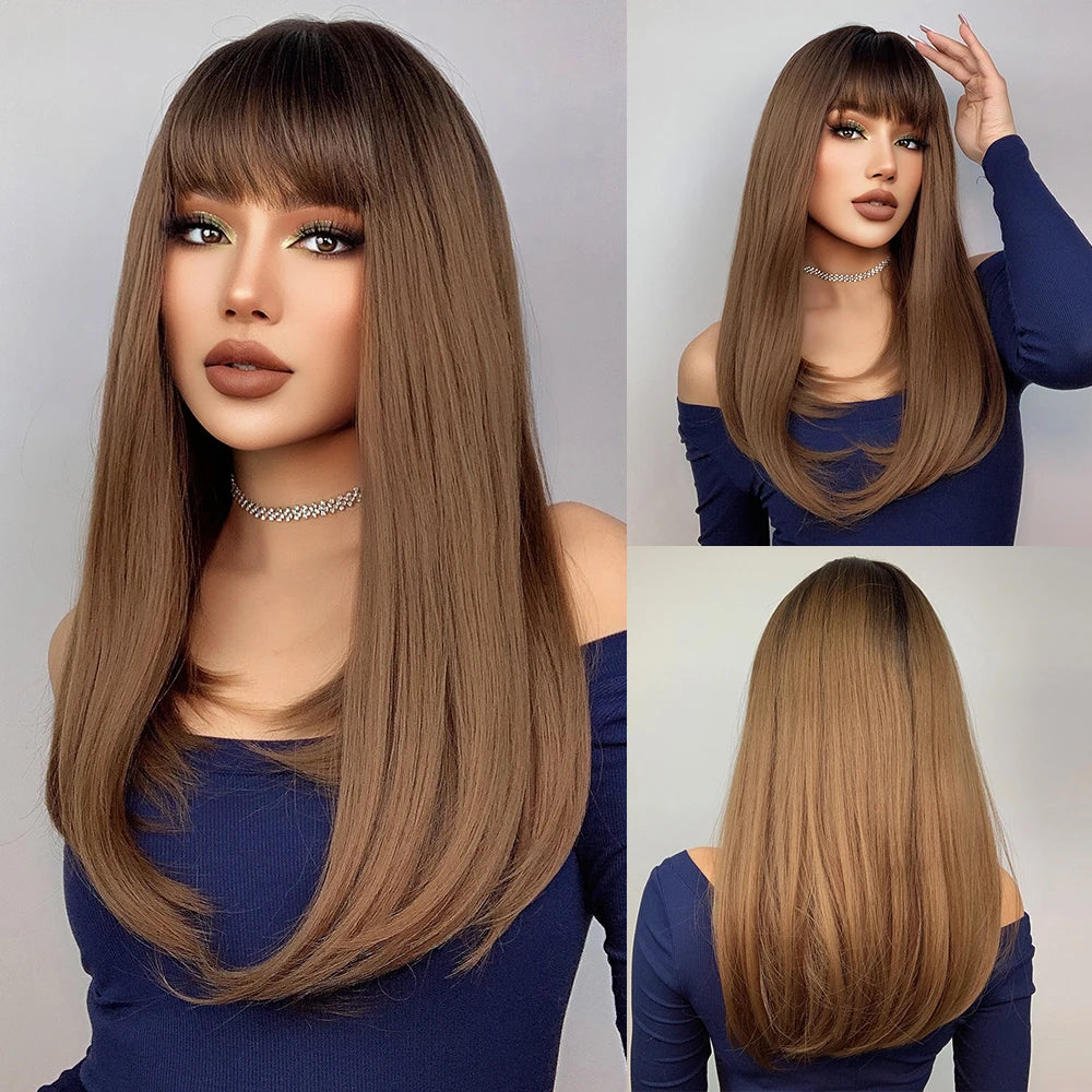 KIMLUD, ALAN EATON Blonde Layered Synthetic Wigs for Women Long Straight Brown Highlights Wigs with Bangs Balayage Hair Heat Resistant, LC167-1 / CHINA, KIMLUD APPAREL - Womens Clothes