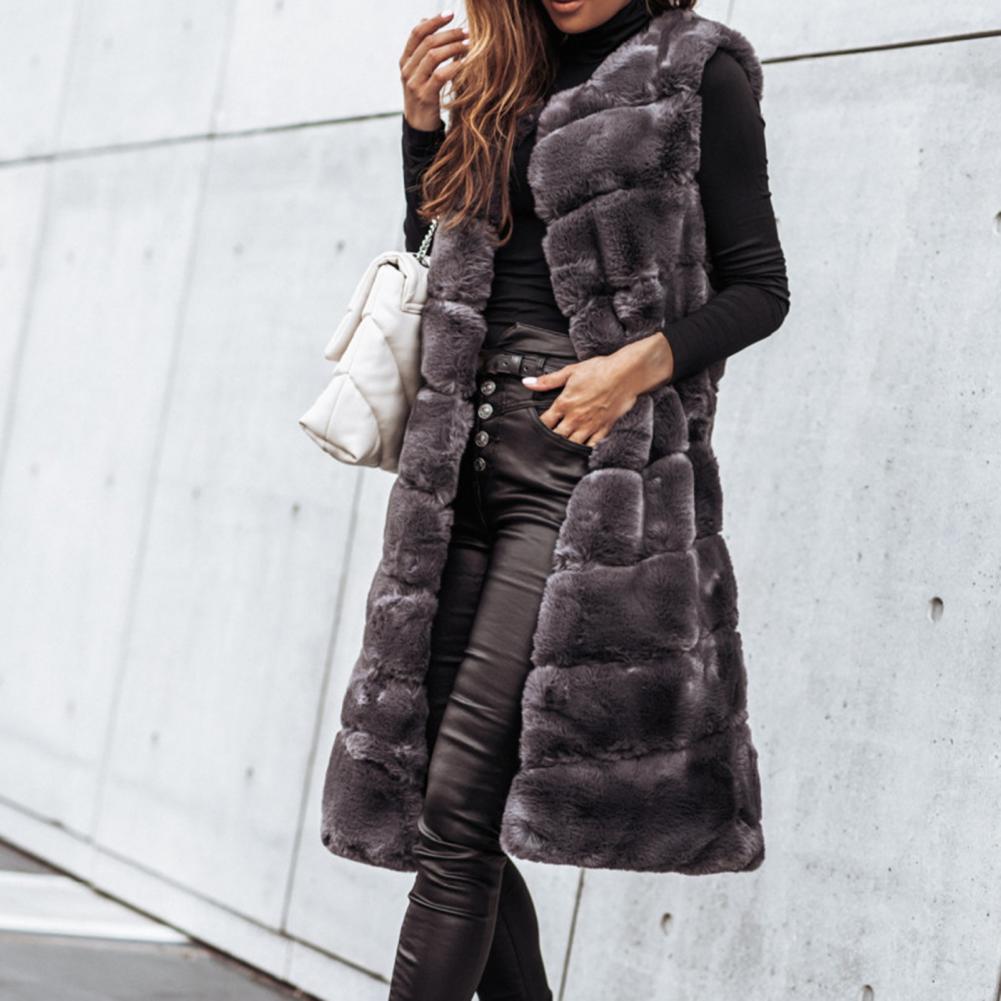 KIMLUD, Autumn Winter Women Jacket Vest Solid Color Round Neck Faux Fur Coat Thick Crew Neck Outerwear Plush Jacket for Women, KIMLUD Womens Clothes