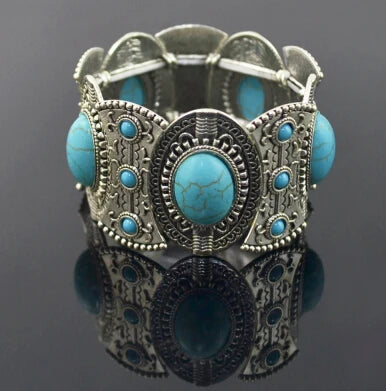 Gypsy Tribal Tibetan Bracelet for Women Boho Vintage Silvery Men's Turquoise Elastic Bangle Afghan Turkish Ethnic Indian Jewelry