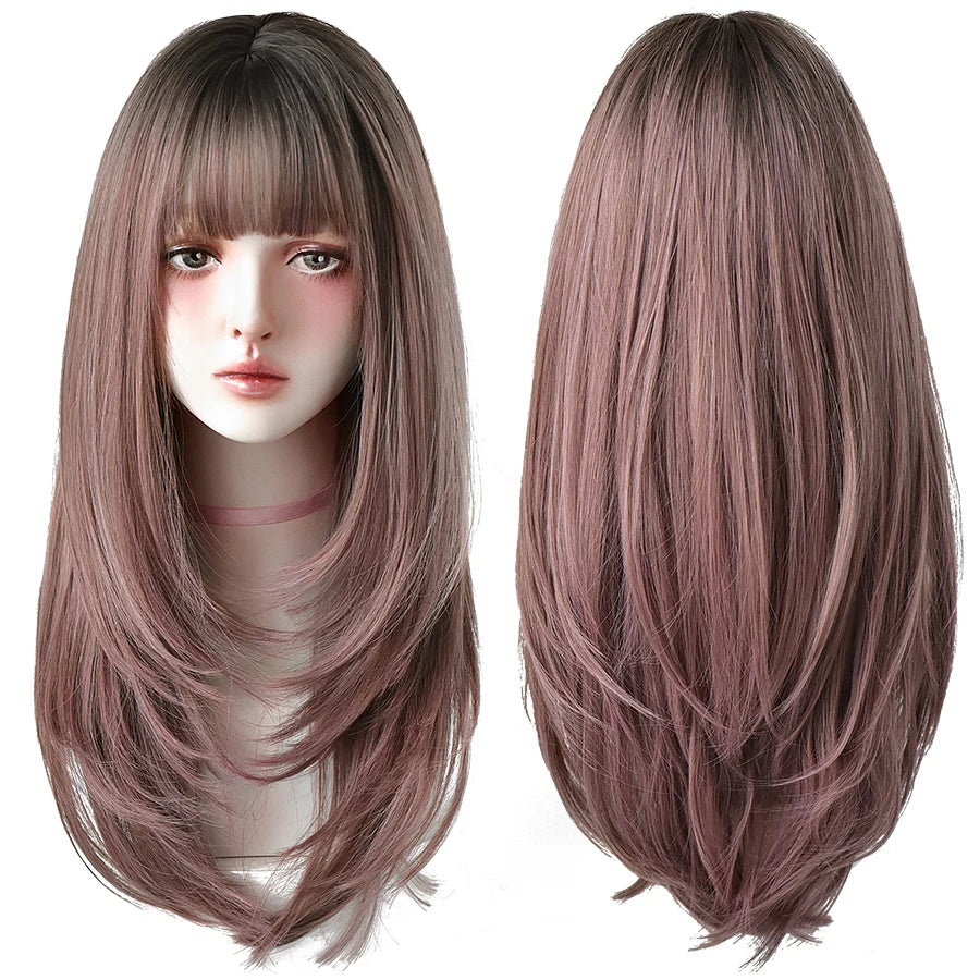 KIMLUD, 7JHHWIGS Long Straight Synthetic Light Brown Wigs With Bang For Women Heat-Resistant Daily Use Hair Hot Sell Wholesale Wigs, KIMLUD Womens Clothes