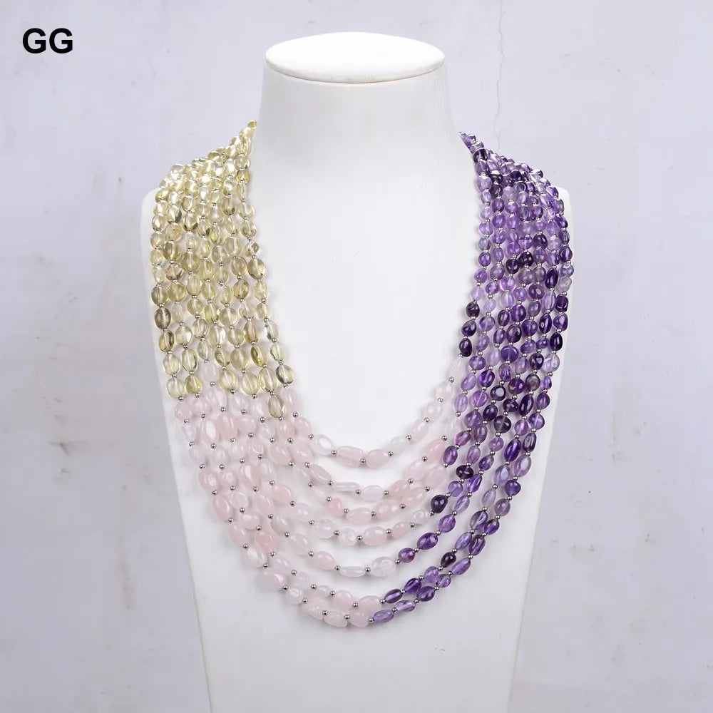 KIMLUD, GuaiGuai Jewelry Unique Real Natural 7 Strands Amethyst Rose Quartz Lemon Quartz Freeform Necklace 18", KIMLUD Womens Clothes