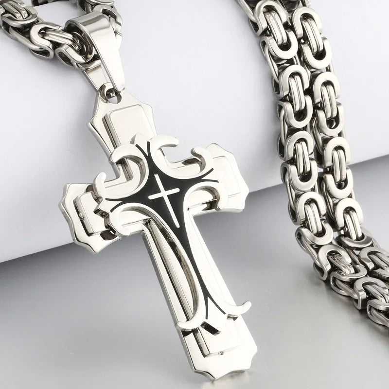 Religious Men Stainless Steel Crucifix Cross Pendant Necklace Heavy Byzantine Chain Necklaces Jesus Christ Holy Jewelry Gifts