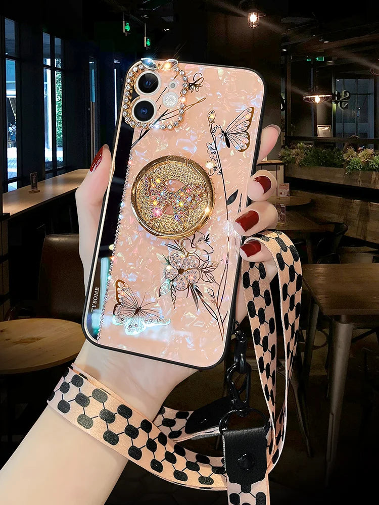 Luxury Glitter Diamond Mirror Butterfly Holder Phone Case For iPhone 15 14 13 12 11 Pro Max X XR XS 7 8 Plus Lanyard Bling Cover