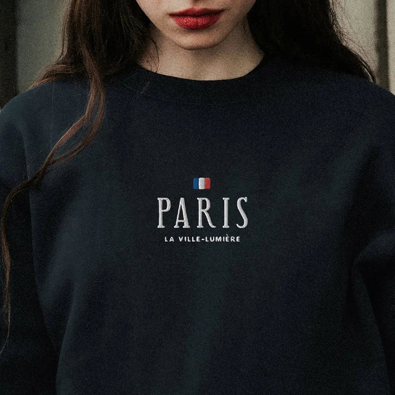 KIMLUD, 2021 Autumn Paris Letters Embroidery French Fashion Women Sweatshirts Long Sleeve Cotton Thick Pullover Loose Casual Warm Jumper, KIMLUD Womens Clothes