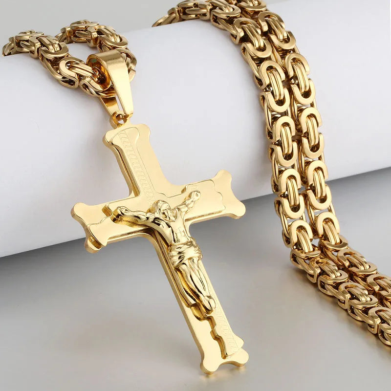 Religious Men Stainless Steel Crucifix Cross Pendant Necklace Heavy Byzantine Chain Necklaces Jesus Christ Holy Jewelry Gifts