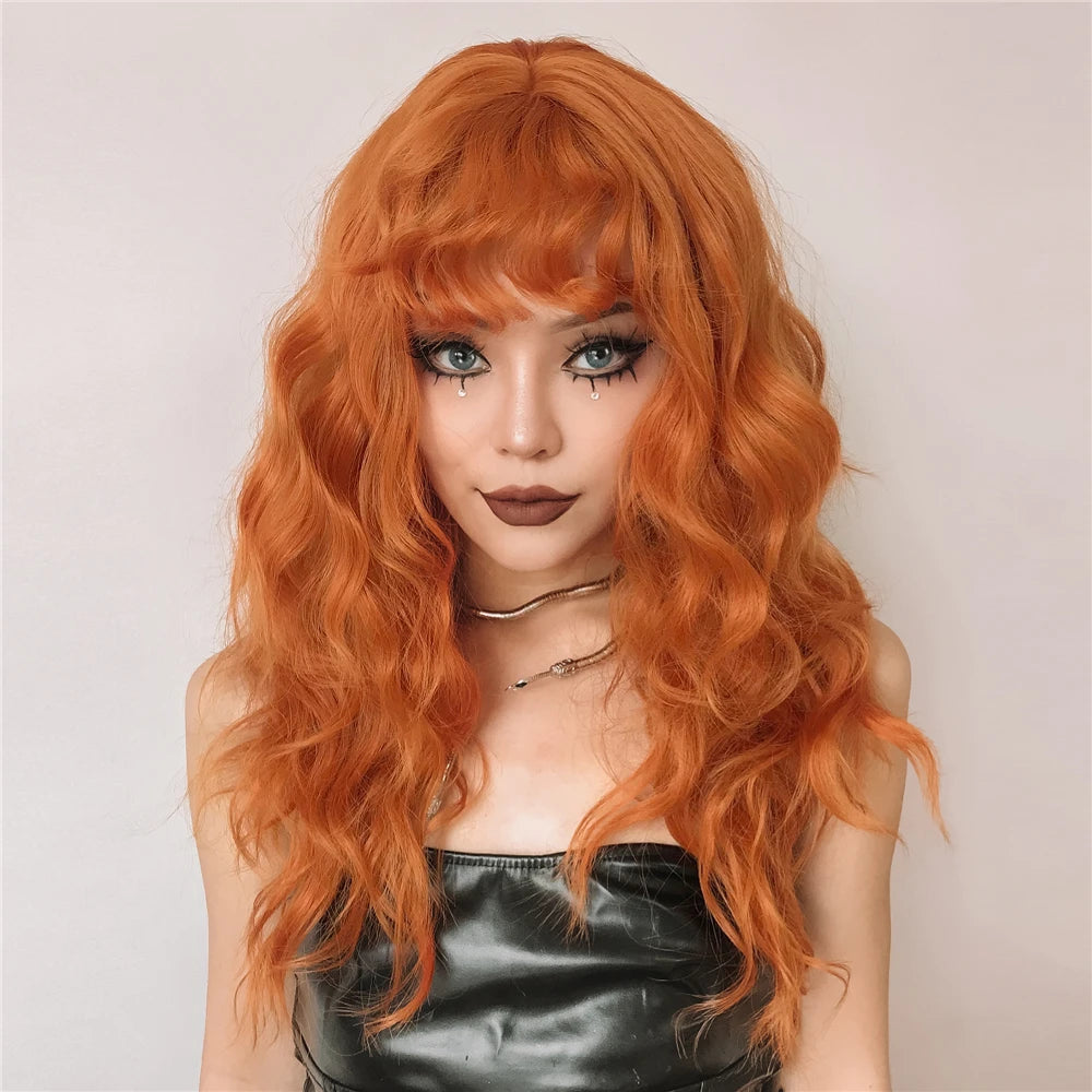 Cosplay Ginger Orange Long Curly Synthetic Wigs with Bangs Deep Wave Lolita Hair for Women Halloween Party Daily Heat Resistant