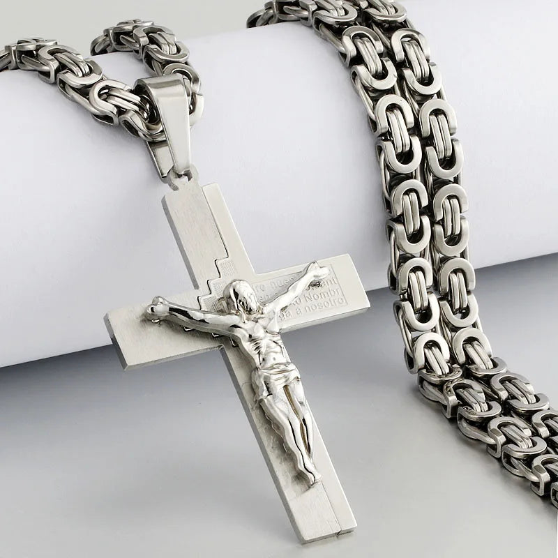 Religious Men Stainless Steel Crucifix Cross Pendant Necklace Heavy Byzantine Chain Necklaces Jesus Christ Holy Jewelry Gifts