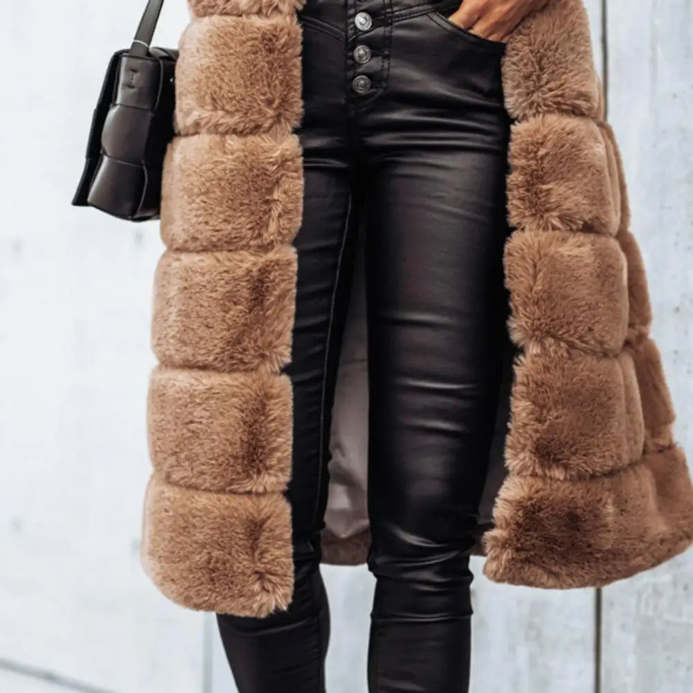 KIMLUD, Autumn Winter Women Jacket Vest Solid Color Round Neck Faux Fur Coat Thick Crew Neck Outerwear Plush Jacket for Women, KIMLUD Womens Clothes