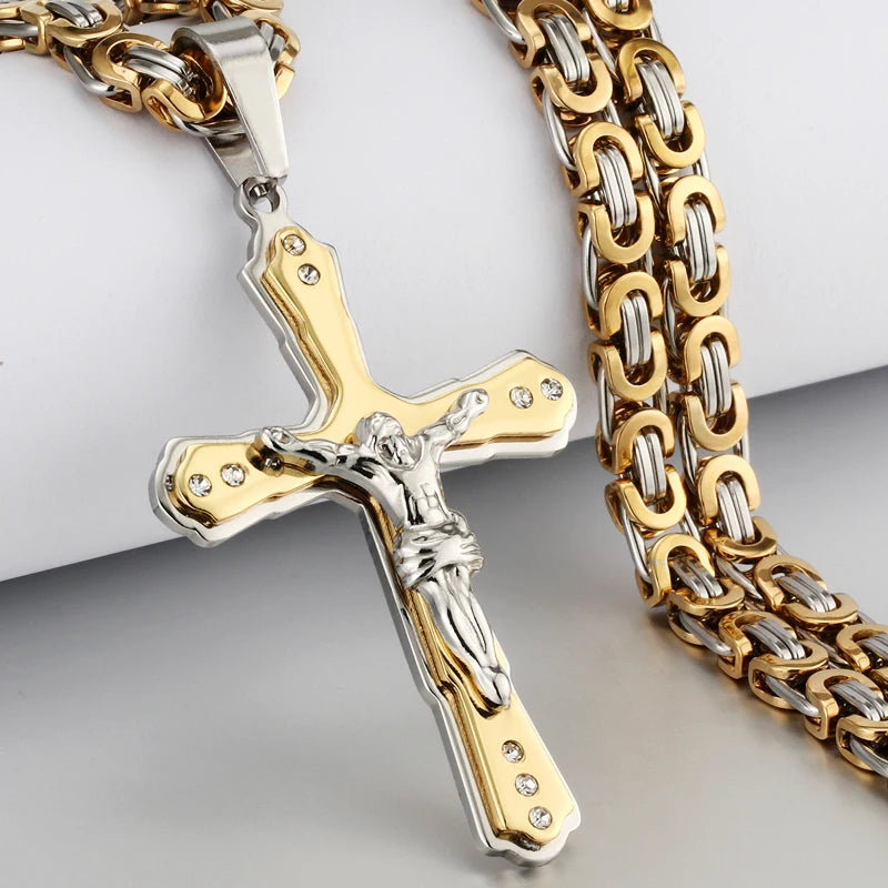 Religious Men Stainless Steel Crucifix Cross Pendant Necklace Heavy Byzantine Chain Necklaces Jesus Christ Holy Jewelry Gifts