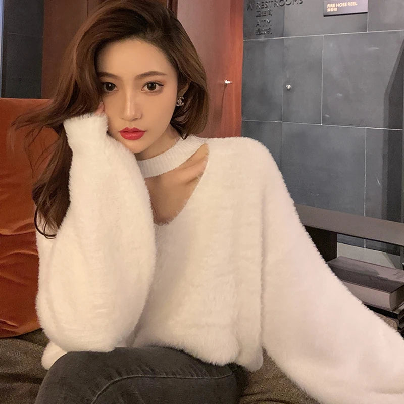 Halter V-Neck Loose Knitted Sweater Women Mink Cashmere Jumpers Oversized Elastic Casual Pullovers Lantern Sleeve Vintage X470