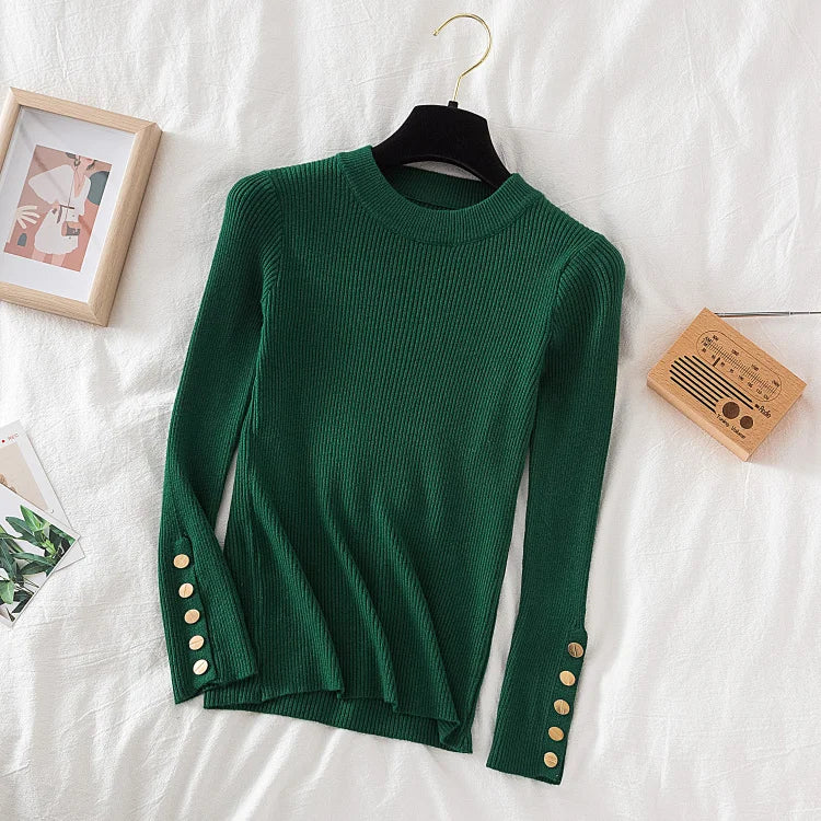 2024 women thick sweater pullovers khaki casual autumn winter button o-neck chic sweater female slim knit top soft jumper tops