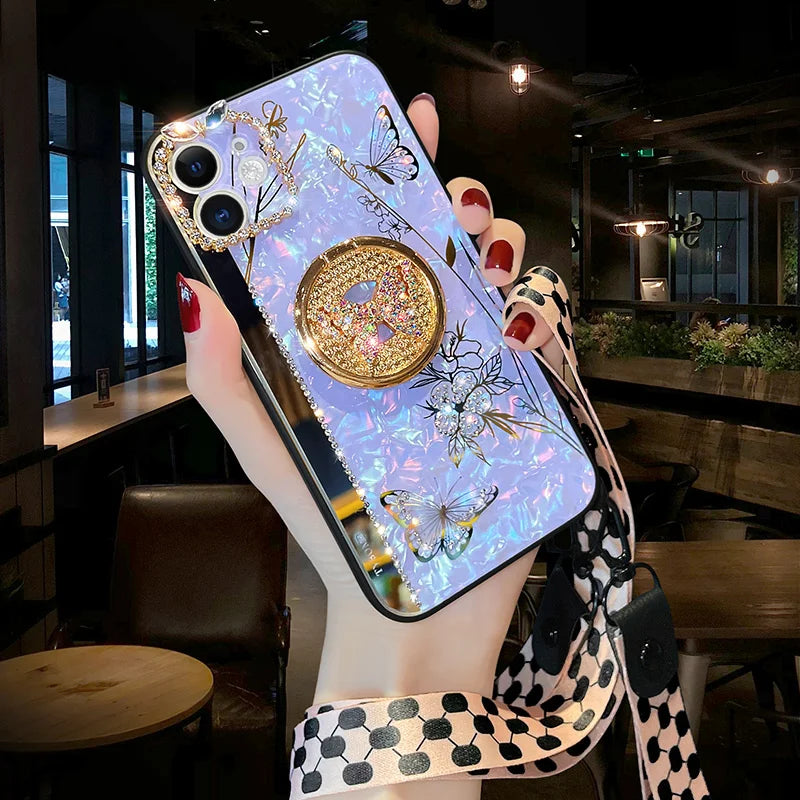 Luxury Glitter Diamond Mirror Butterfly Holder Phone Case For iPhone 15 14 13 12 11 Pro Max X XR XS 7 8 Plus Lanyard Bling Cover