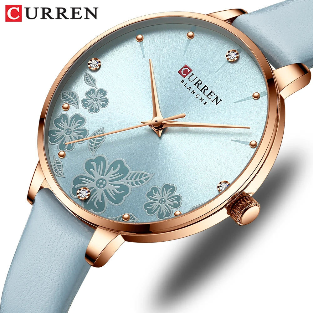 CURREN Watches Women Brand Leather Quartz Wristwatches Luxury Design Clock for Ladies Charm Flowers Dial Montre Femme